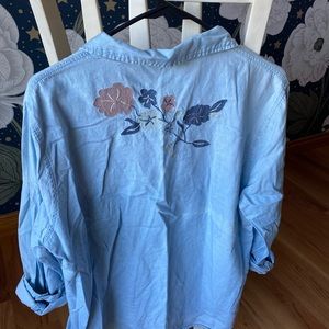Chambray Button Up Top with Floral Embroidery